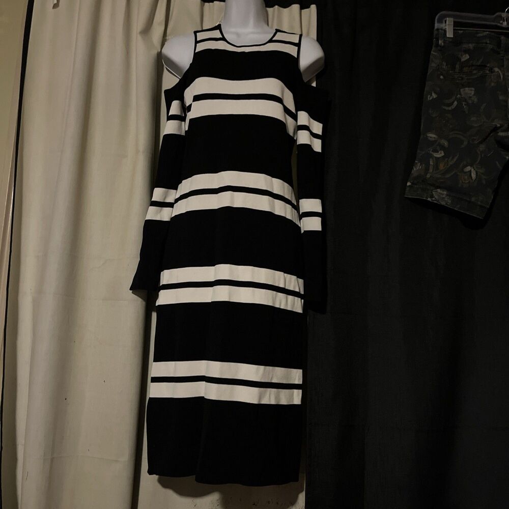 Eliza J Women's Black White Striped Long Sleeve Sweater Midi Dress Size Medium